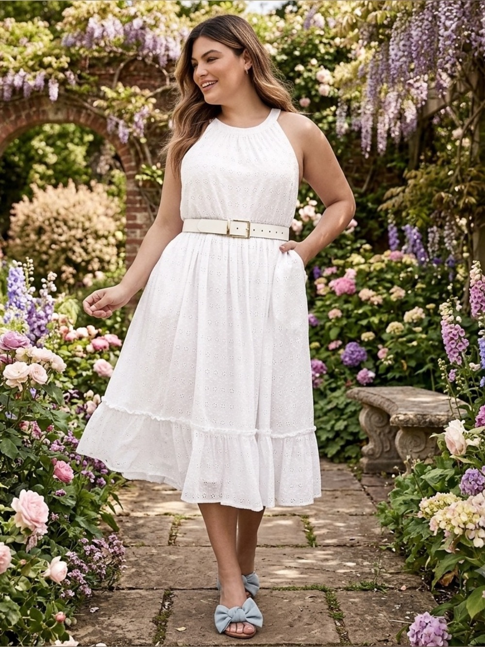 Halter Ruffle Tiered Midi Dress- White Eyelet